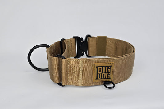Tan 2 inch heavy duty martingale style dog collar with black hardware with The Big Dog Collar logo.