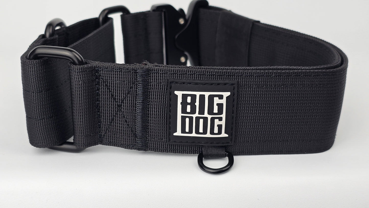 black 2 inch heavy duty martingale style dog collar with black hardware with The Big Dog Collar logo.
