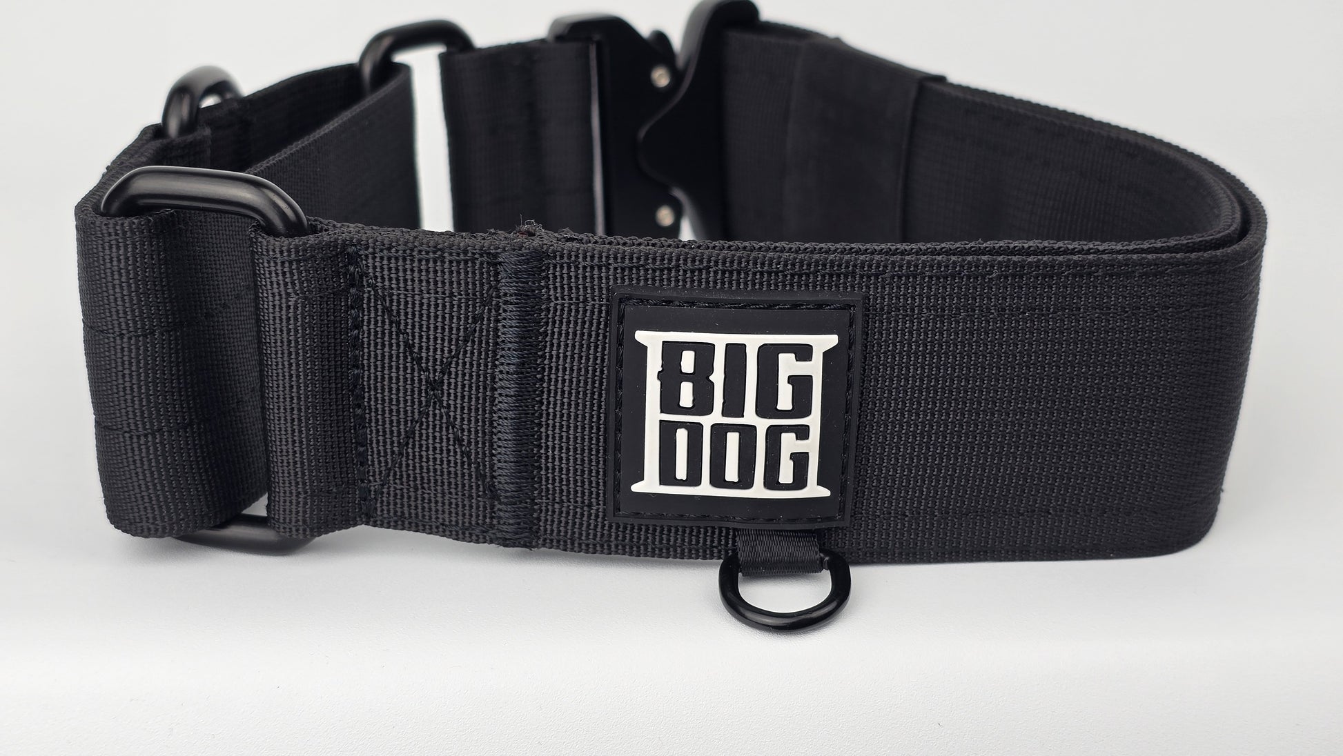 black 2 inch heavy duty martingale style dog collar with black hardware with The Big Dog Collar logo.