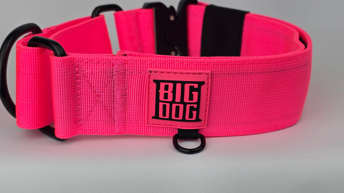 Pink 2 inch heavy duty martingale style dog collar with black hardware with The Big Dog Collar logo.
