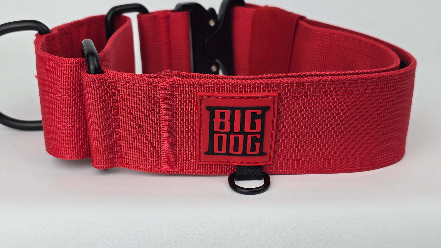 Red 2 inch heavy duty martingale style dog collar with black hardware with The Big Dog Collar logo.