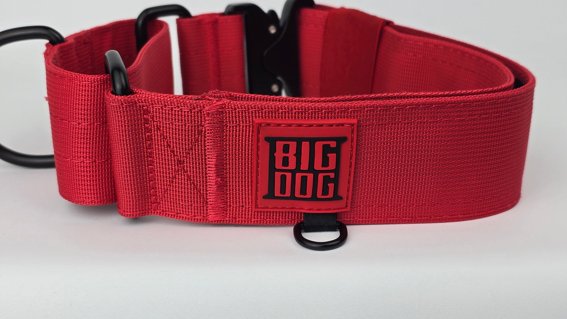Red 2 inch heavy duty martingale style dog collar with black hardware with The Big Dog Collar logo.