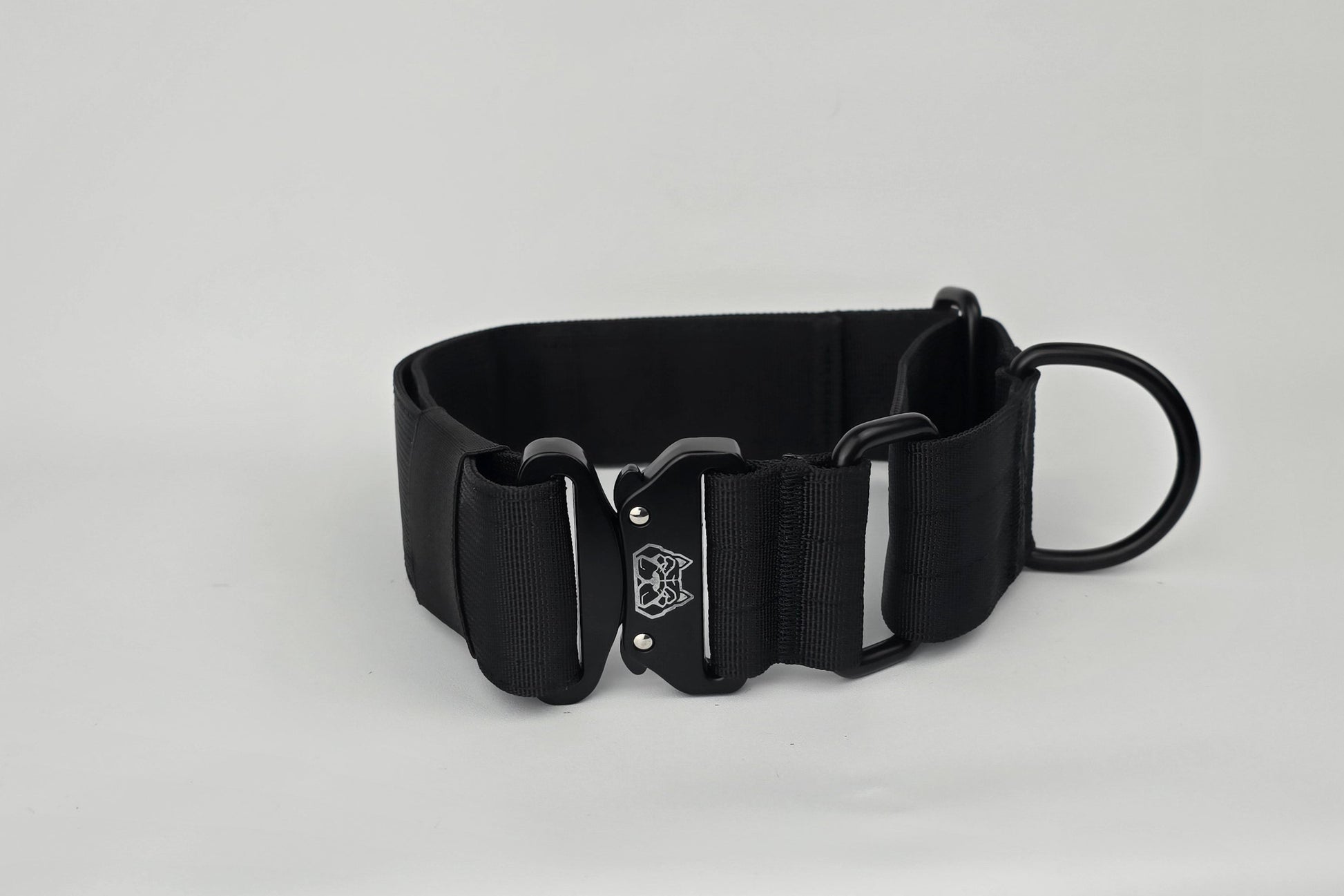 black 2 inch heavy duty martingale style dog collar with black hardware with The Big Dog Collar logo.