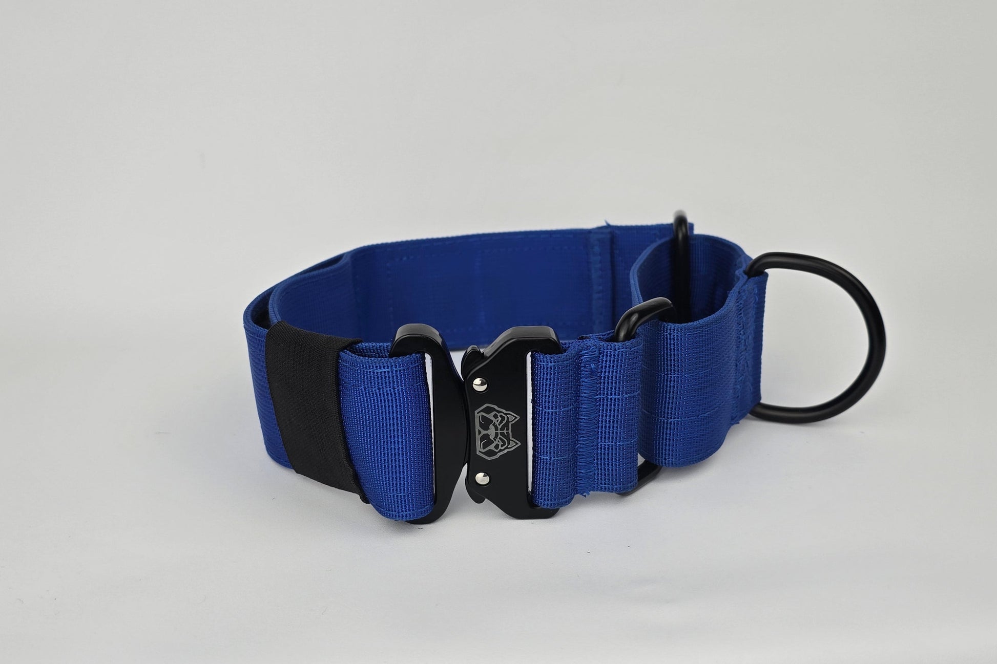 blue 2 inch heavy duty martingale style dog collar with black hardware with The Big Dog Collar logo.