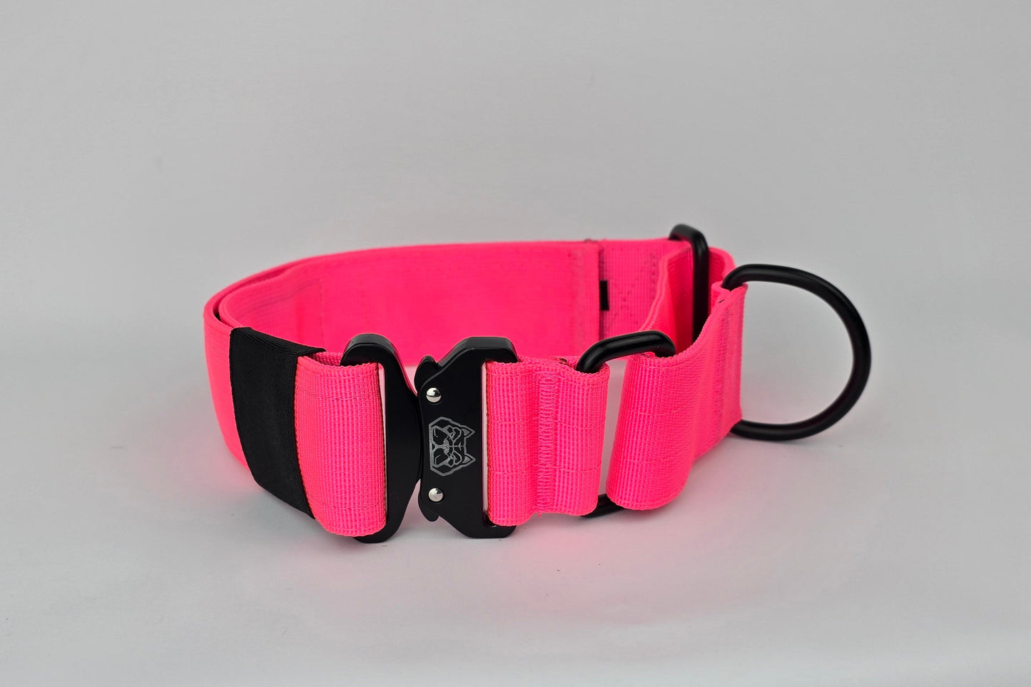 Pink 2 inch heavy duty martingale style dog collar with black hardware with The Big Dog Collar logo.