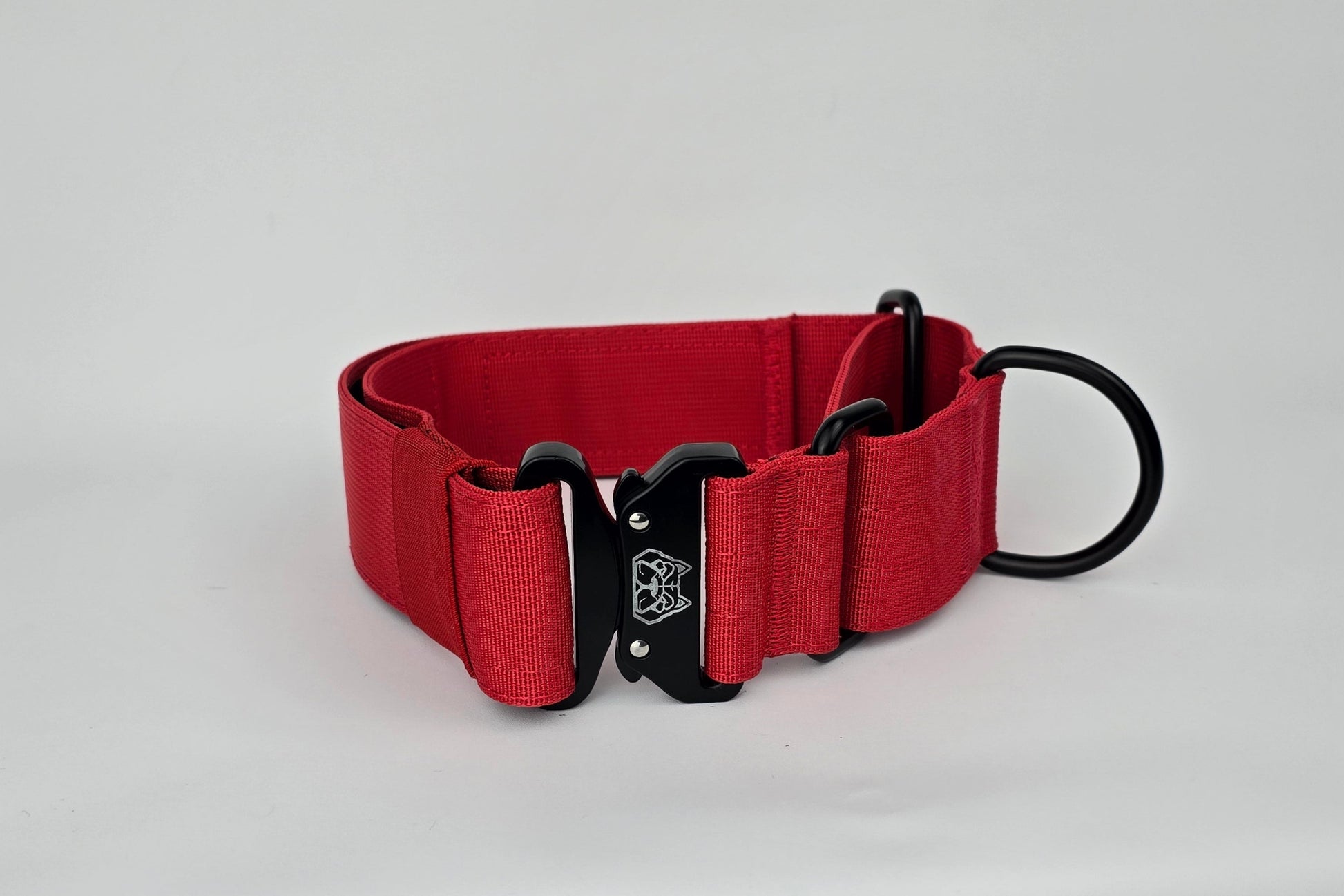 Red 2 inch heavy duty martingale style dog collar with black hardware with The Big Dog Collar logo.