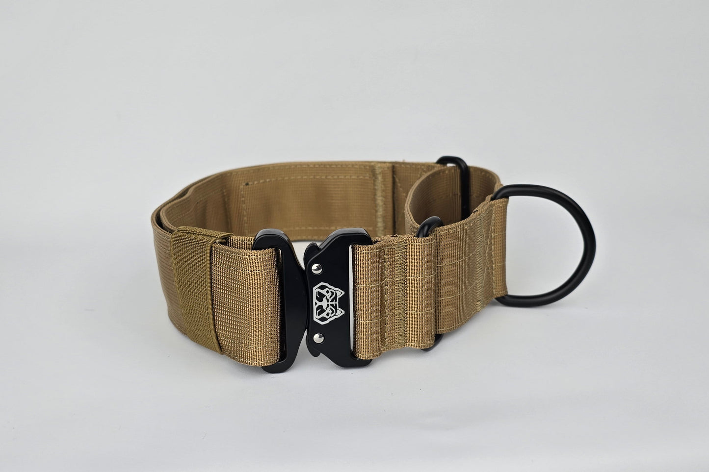 Tan 2 inch heavy duty martingale style dog collar with black hardware with The Big Dog Collar logo.
