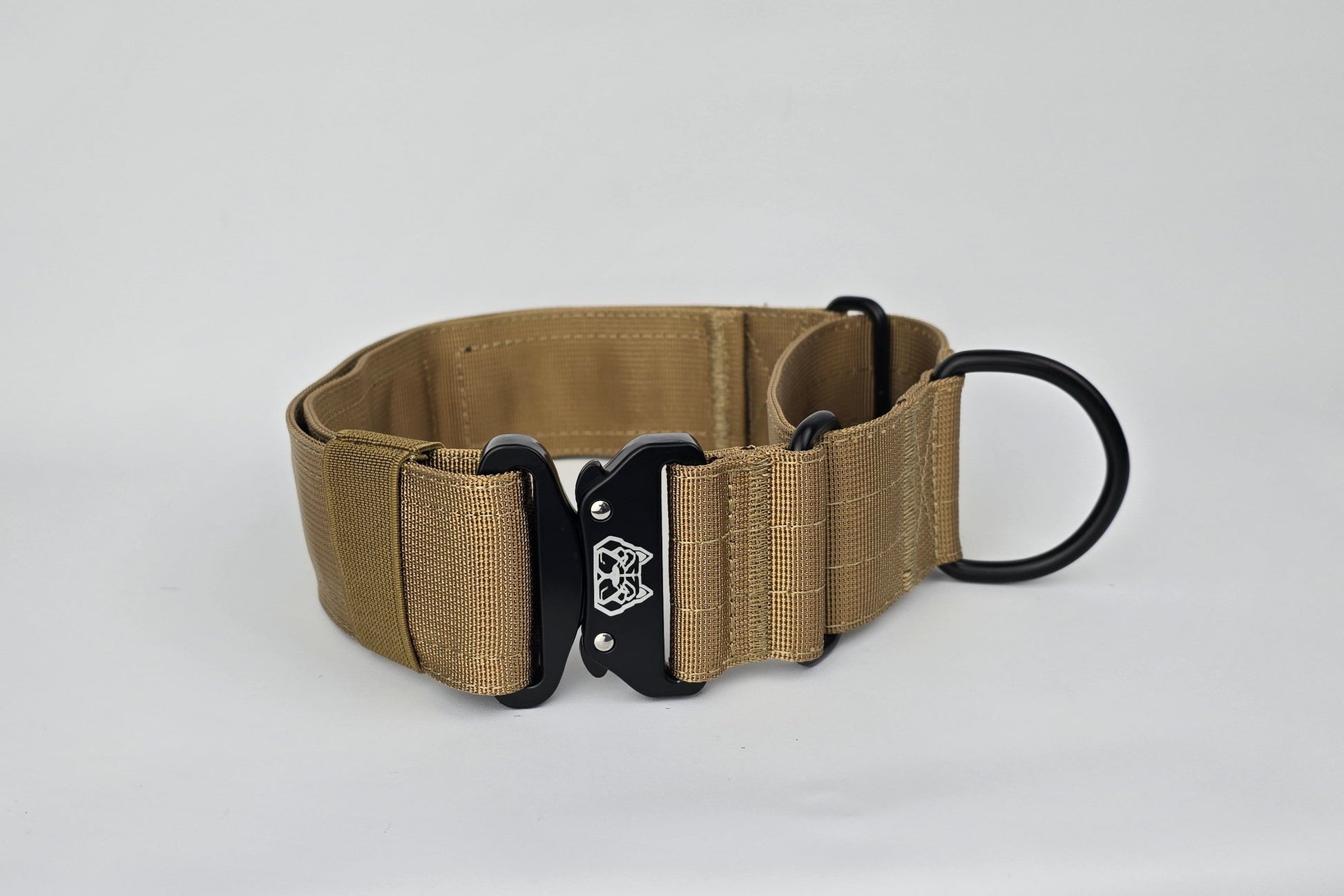 Tan 2 inch heavy duty martingale style dog collar with black hardware with The Big Dog Collar logo.