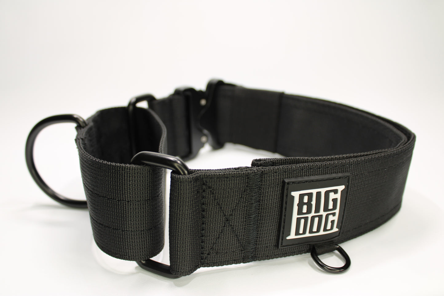 black 2 inch heavy duty martingale style dog collar with black hardware with The Big Dog Collar logo.