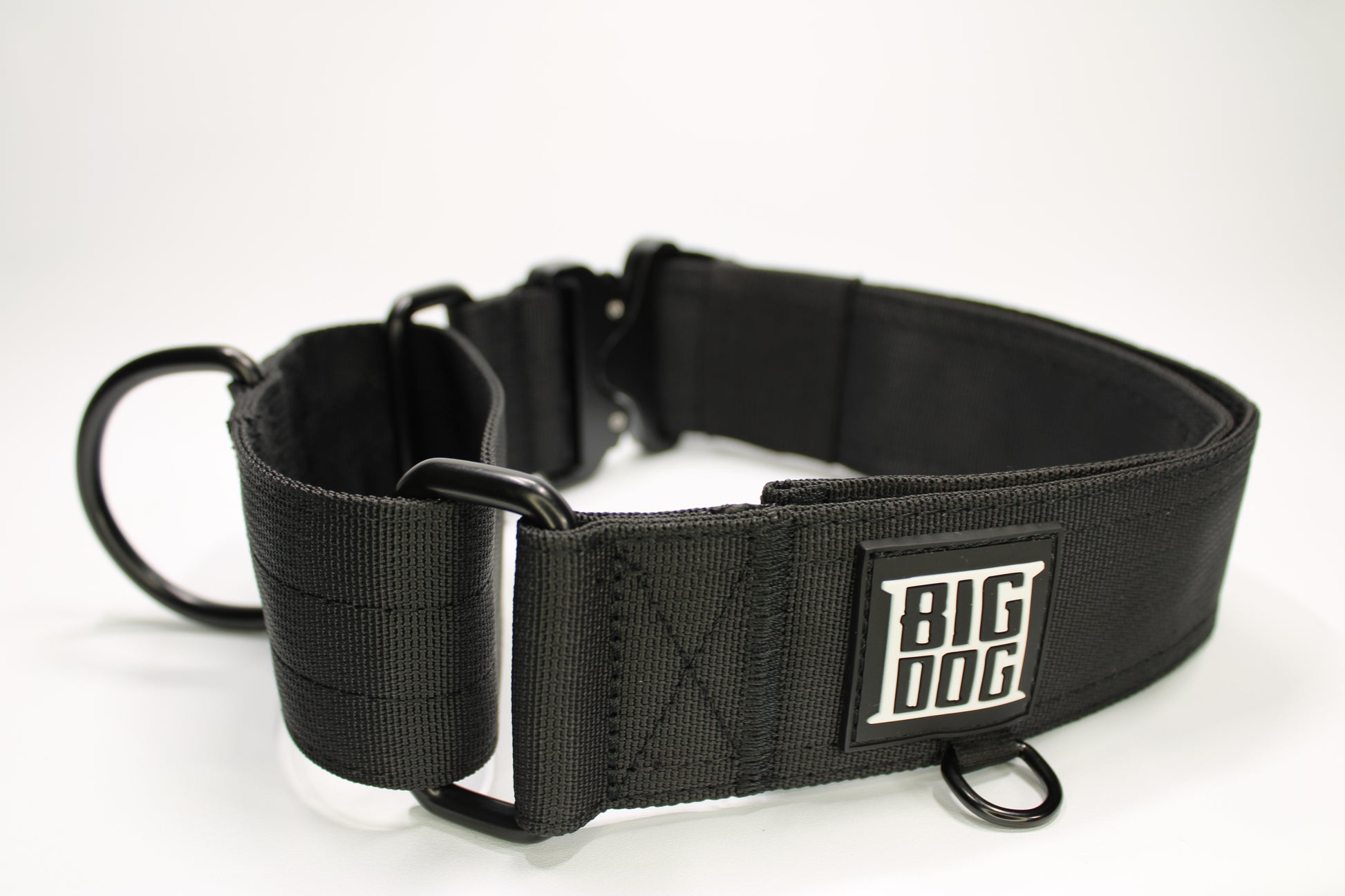 black 2 inch heavy duty martingale style dog collar with black hardware with The Big Dog Collar logo.