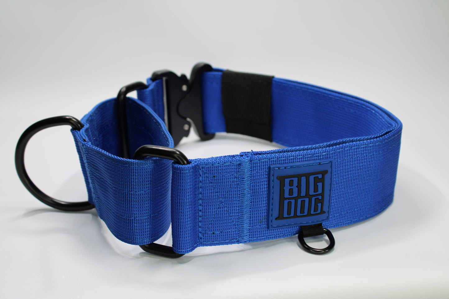 blue 2 inch heavy duty martingale style dog collar with black hardware with The Big Dog Collar logo.