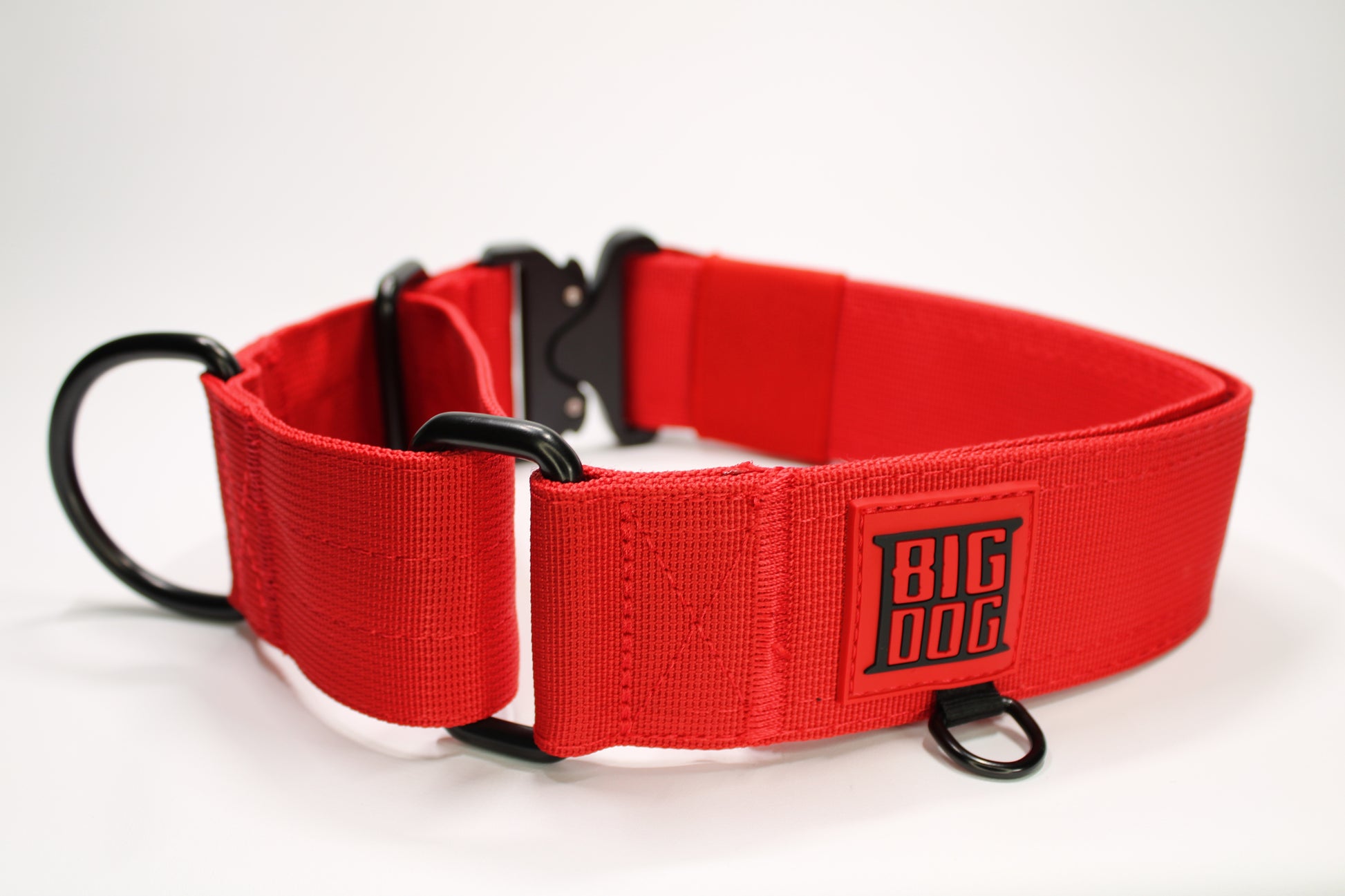 Red 2 inch heavy duty martingale style dog collar with black hardware with The Big Dog Collar logo.