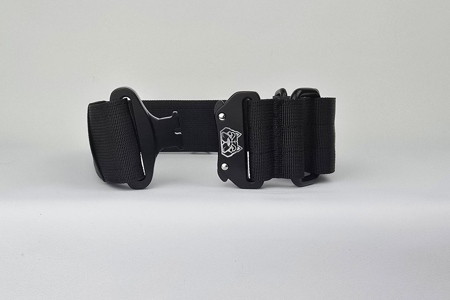 black 2 inch heavy duty martingale style dog collar with black hardware with The Big Dog Collar logo.