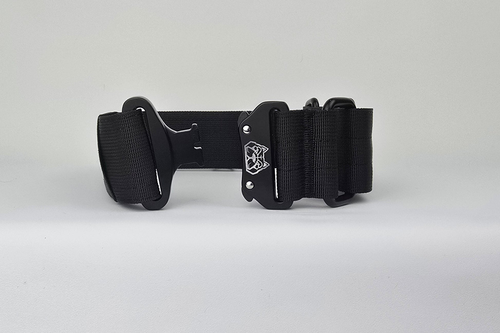 black 2 inch heavy duty martingale style dog collar with black hardware with The Big Dog Collar logo.