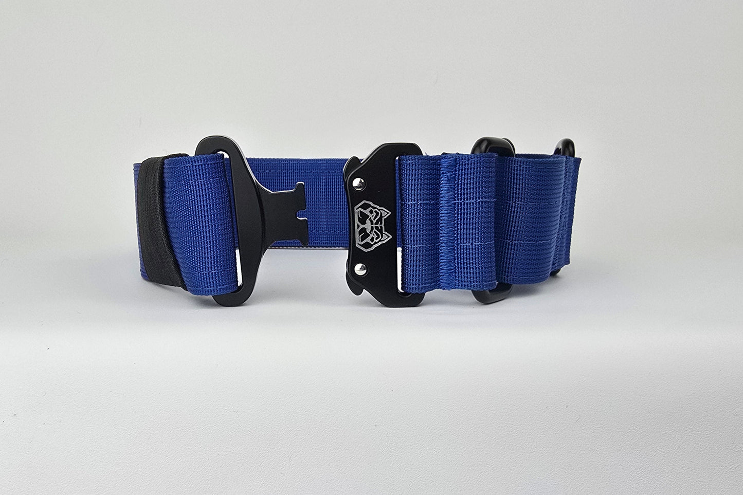 blue 2 inch heavy duty martingale style dog collar with black hardware with The Big Dog Collar logo.