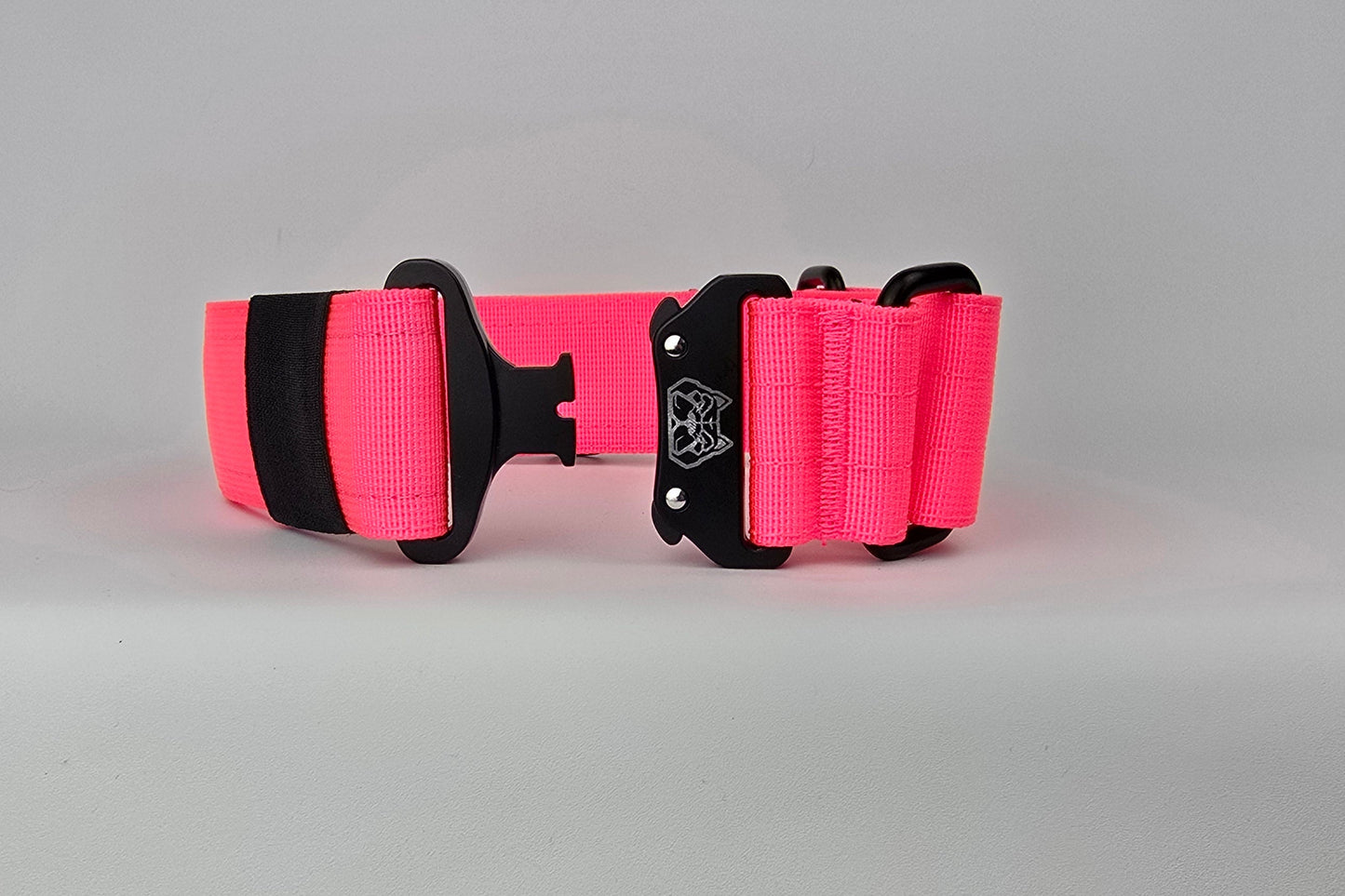 Pink 2 inch heavy duty martingale style dog collar with black hardware with The Big Dog Collar logo.