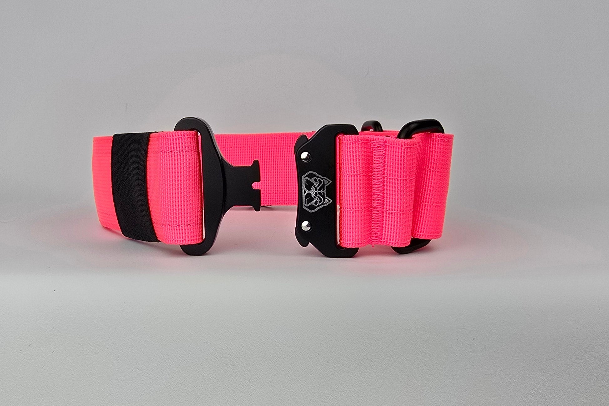 Pink 2 inch heavy duty martingale style dog collar with black hardware with The Big Dog Collar logo.