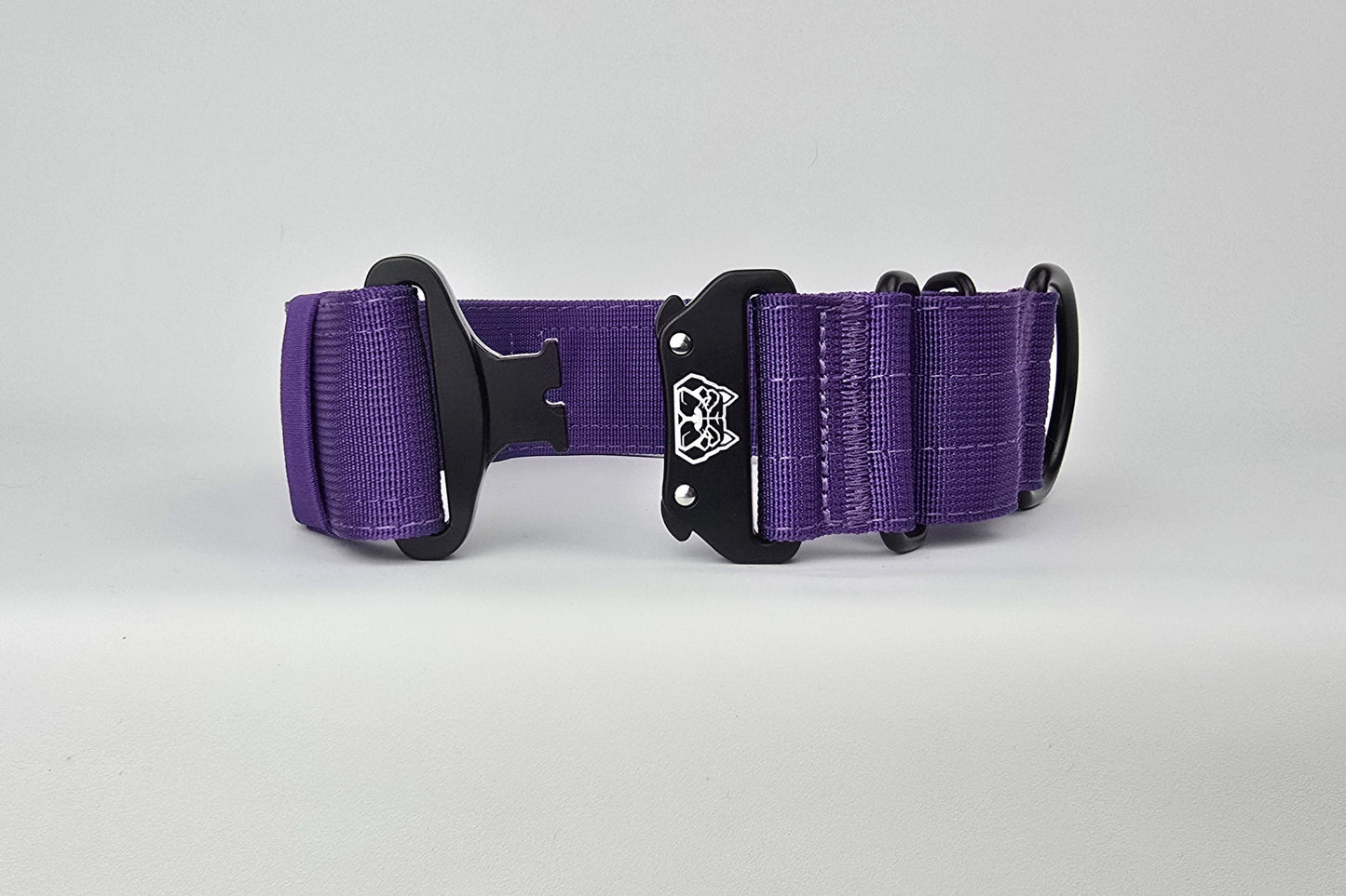 Purple 2 inch heavy duty martingale style dog collar with black hardware with The Big Dog Collar logo.