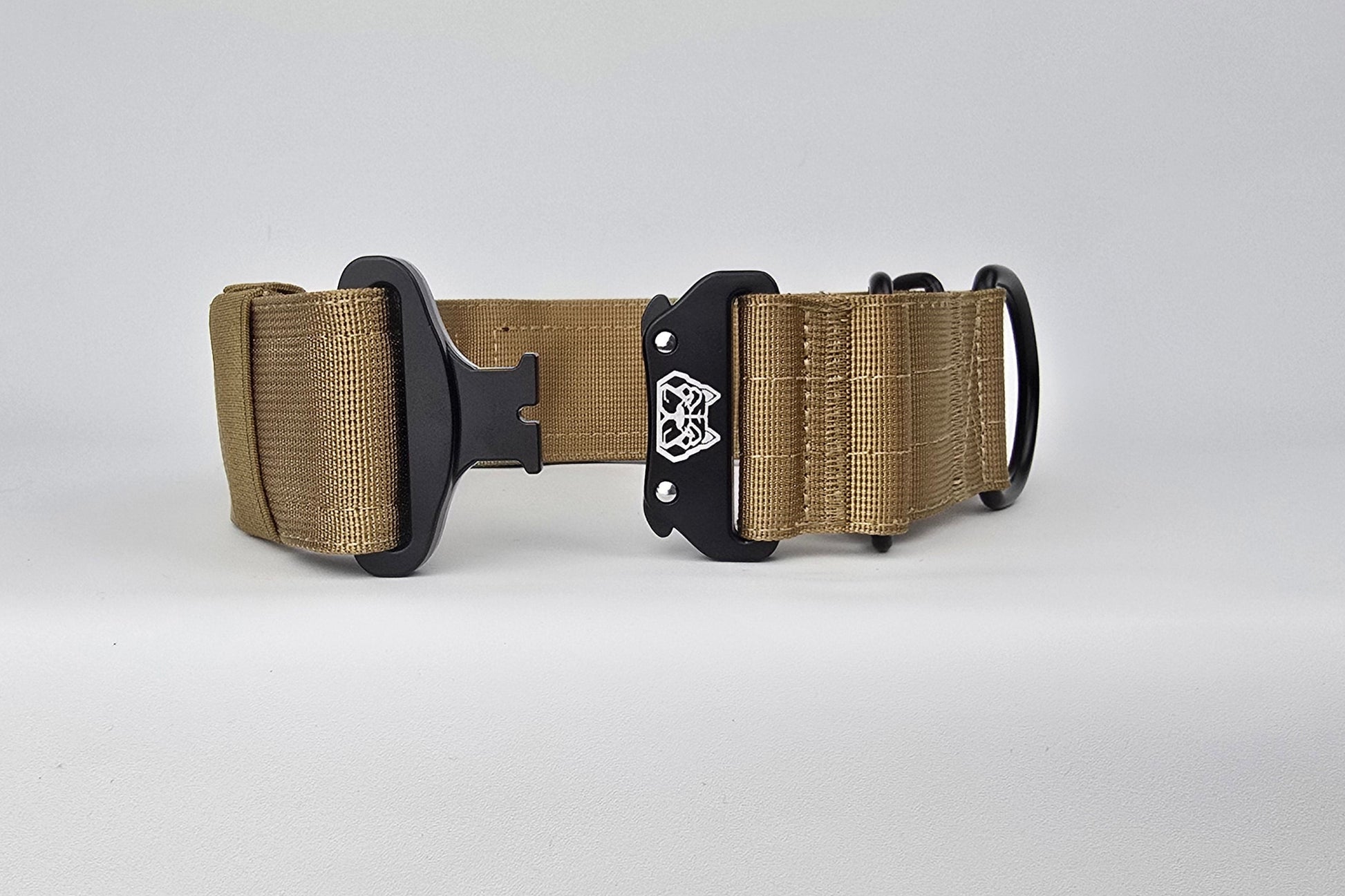 Tan 2 inch heavy duty martingale style dog collar with black hardware with The Big Dog Collar logo.