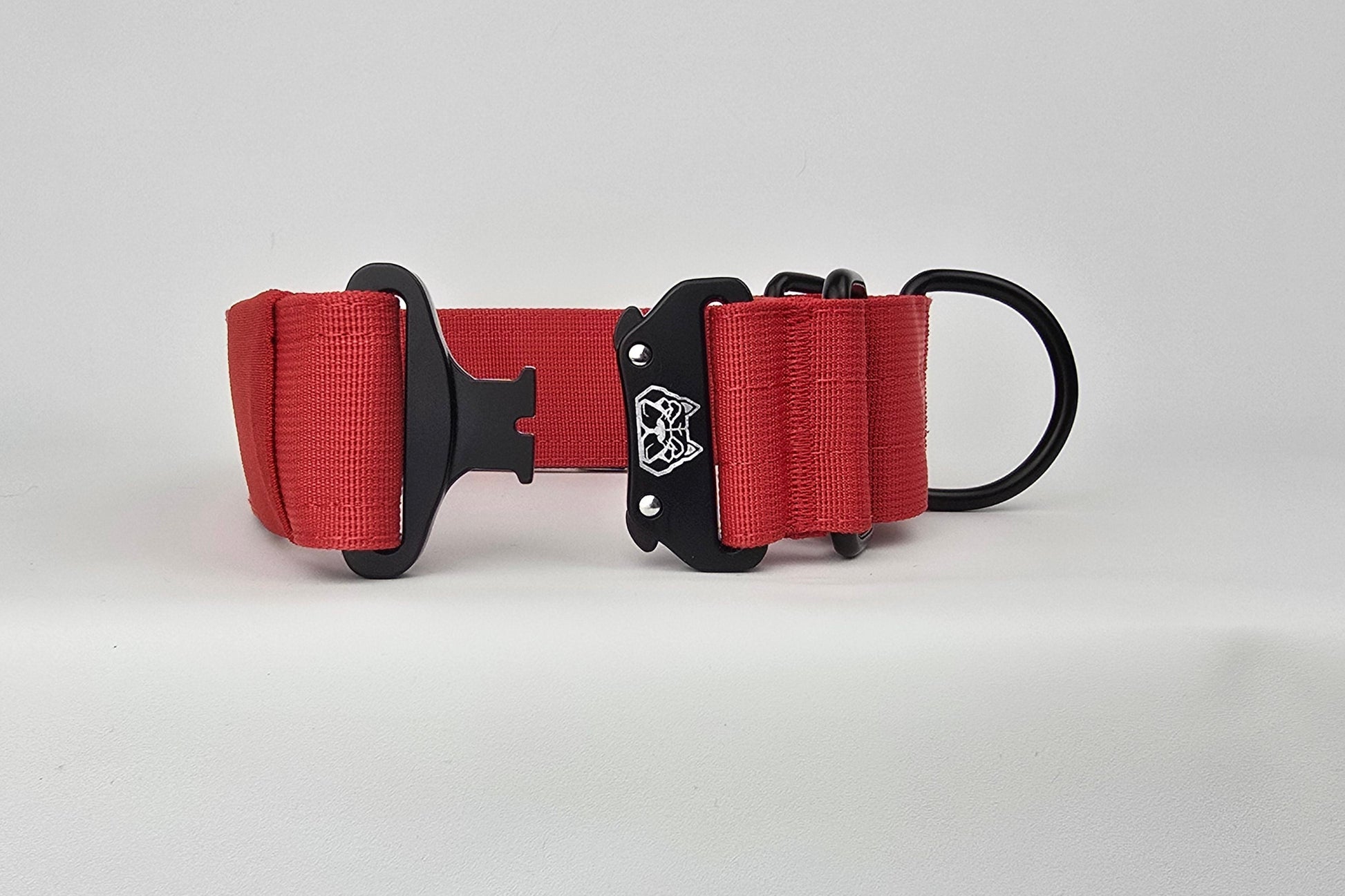 Red 2 inch heavy duty martingale style dog collar with black hardware with The Big Dog Collar logo.