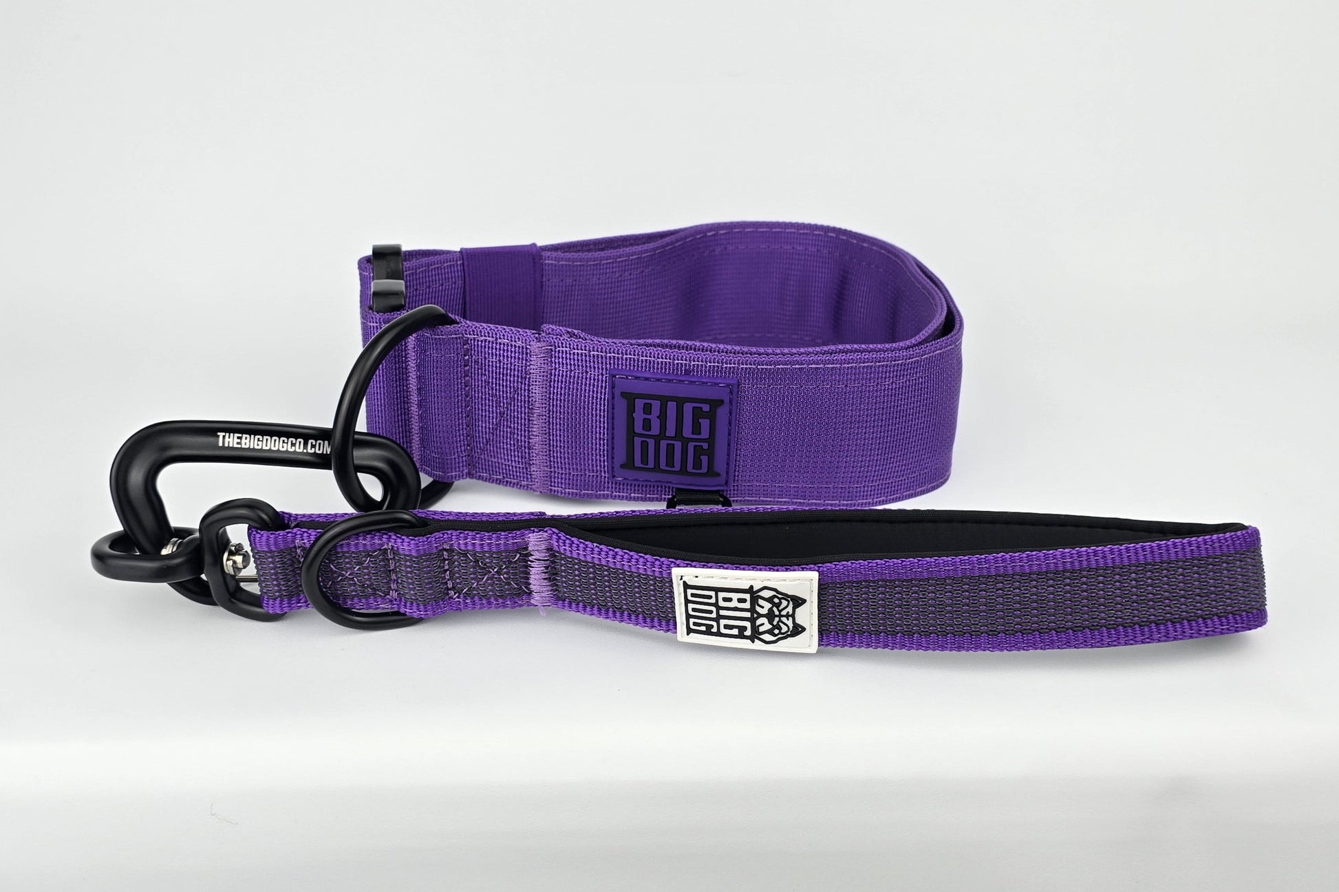 Purple and black dog handle with a The Big Dog Company logo. Neoprene, rubber, nylon. Heavy duty, high quality. With heavy duty 2 inch dog collar
