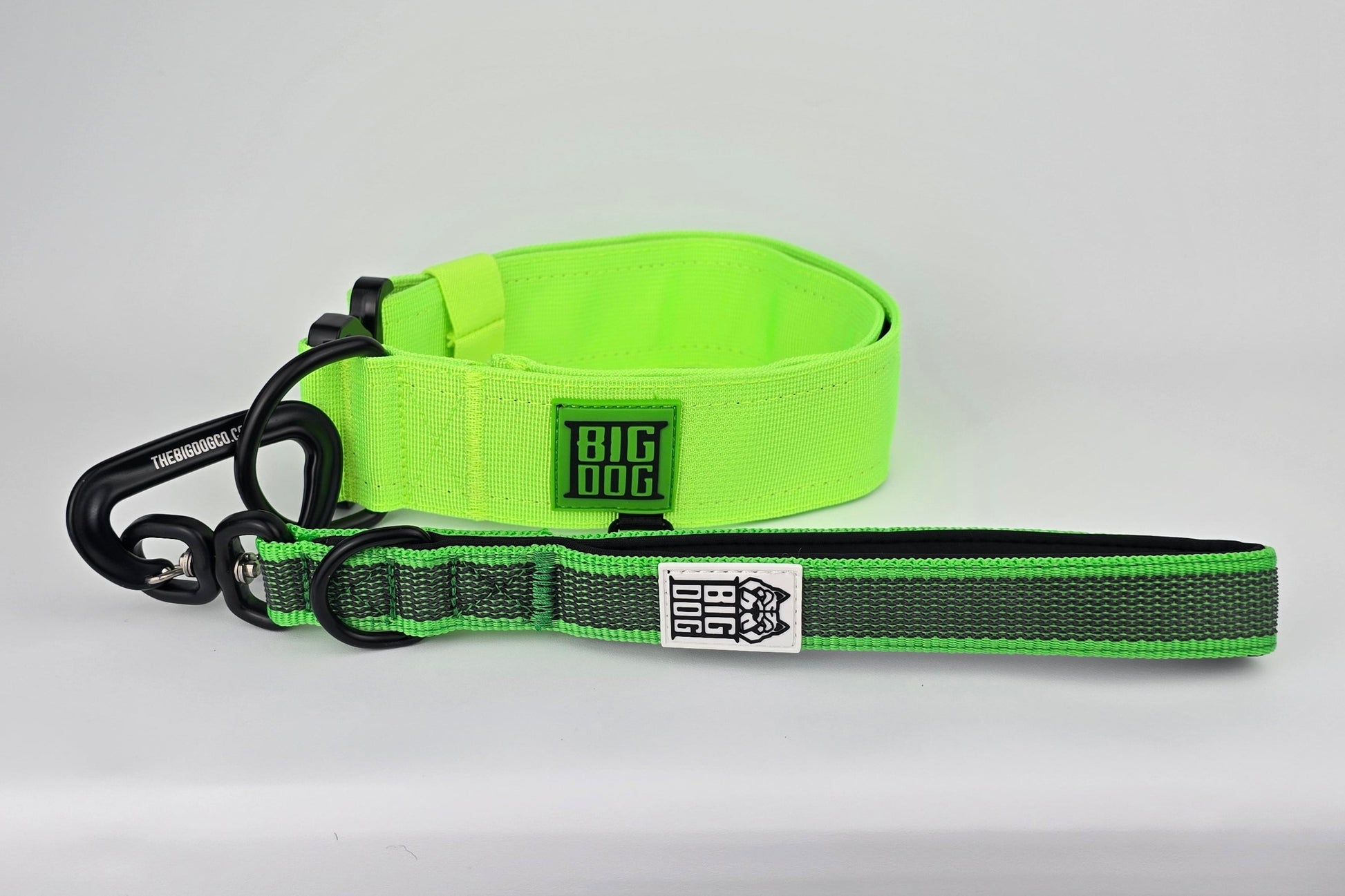 Green and black dog traffic handle with The Big Dog Company logo on a white background. Heavy duty. Nylon, rubber, neoprene. with Neon Green heavy duty 2 inch dog collar.