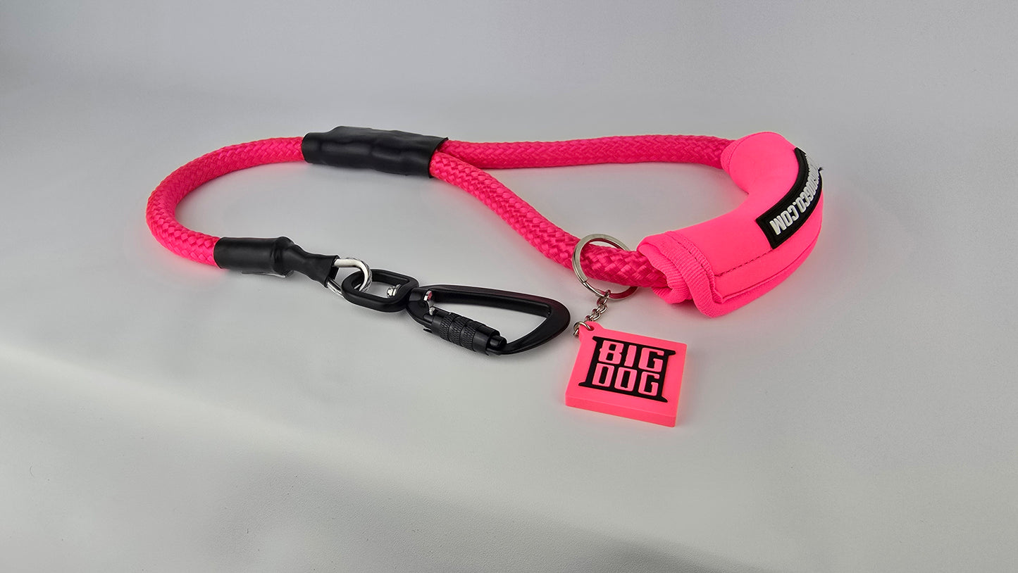 Pink heavy duty climbing rope dog leash with swivel carabiner and neoprene handle. Internal steel cable, anti chew.